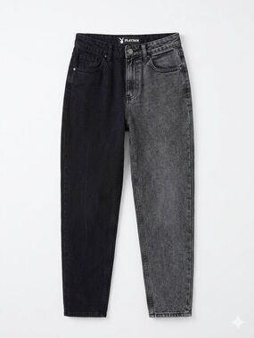 PLAYBOY Two Tone Clock Block High Rise Mom Jeans Black Grey Bunny Logo Women’s 0